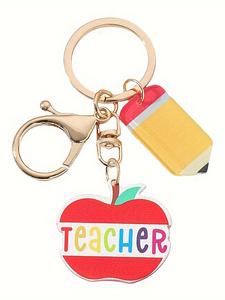 Llavero de acrílico con lápiz y letra “Teacher” en forma de manzana, adorno para bolso con elementos escolares a la moda, regalo perfecto para maestros y amigos