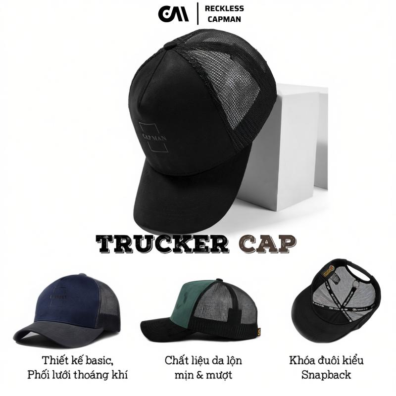 CapmanReckless - Mũ Lưỡi Trai Màu Đen Da Lộn CM30 Nón Kết Nam Lưới Thoáng Mát Chất Liệu Kaki 100% Cotton Kích Thước 56cm Khóa Bấm Điều Chỉnh ±3cm