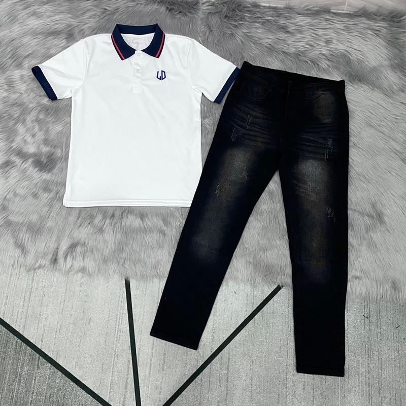  Nguyên Bộ  Áo Thun Polo Cá Sấu Thêu Logo Chữ LD Và Quần Jean Nam Cá Tính 