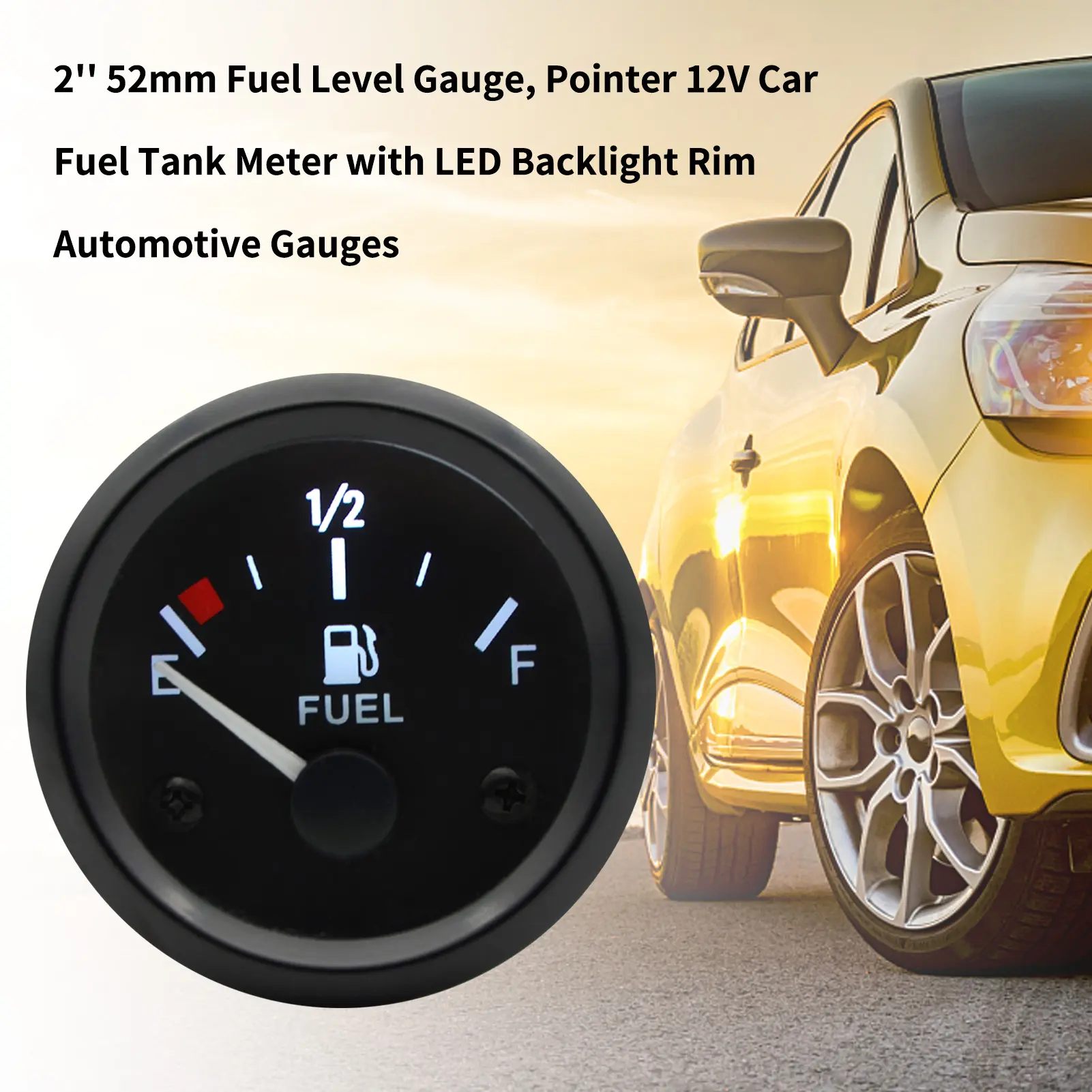 Tolok Aras Bahan Api, 2 "52mm, Meter Kereta, Lampu LED Putih, Rim Hitam, Tolok Automotif, 12V