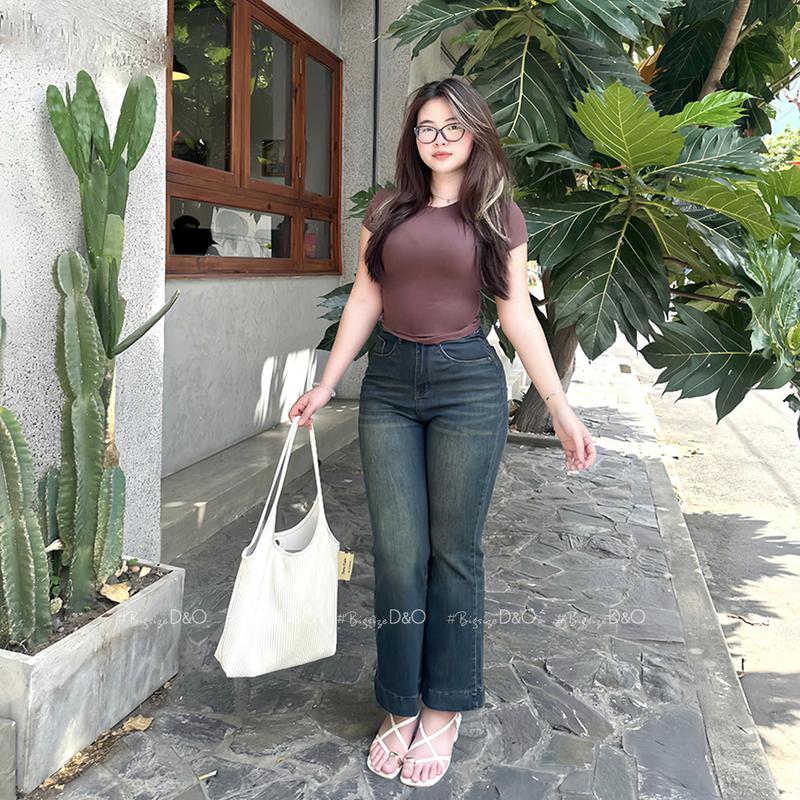 Quần Jean Nữ Ống Loe Bigsize 58-85kg Dáng Dài Phối Lai To Màu Xanh Rêu 1154 Lưng Cao Co Giãn Mạnh Dài 103cm 4
