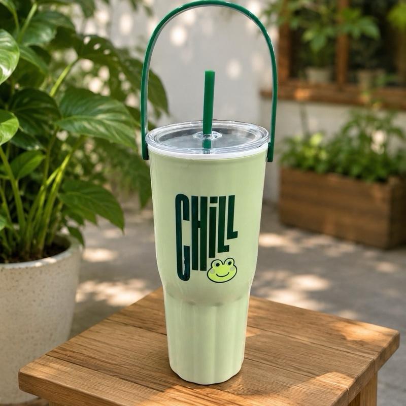 Bình nước CHILL 2 lớp 1L có quai xách kèm ống hút nhiều màu