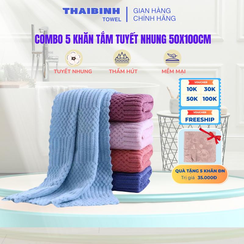 Combo 5 khăn tắm tuyết nhung 50x100cm (Tặng 5 khăn Đa Năng) Thai Binh Towel Sợi microfiber mềm mịn, không xổ lông, thấm hút nước, không ra màu - Nhà Tắm, phòng tắm, khanlongcuu