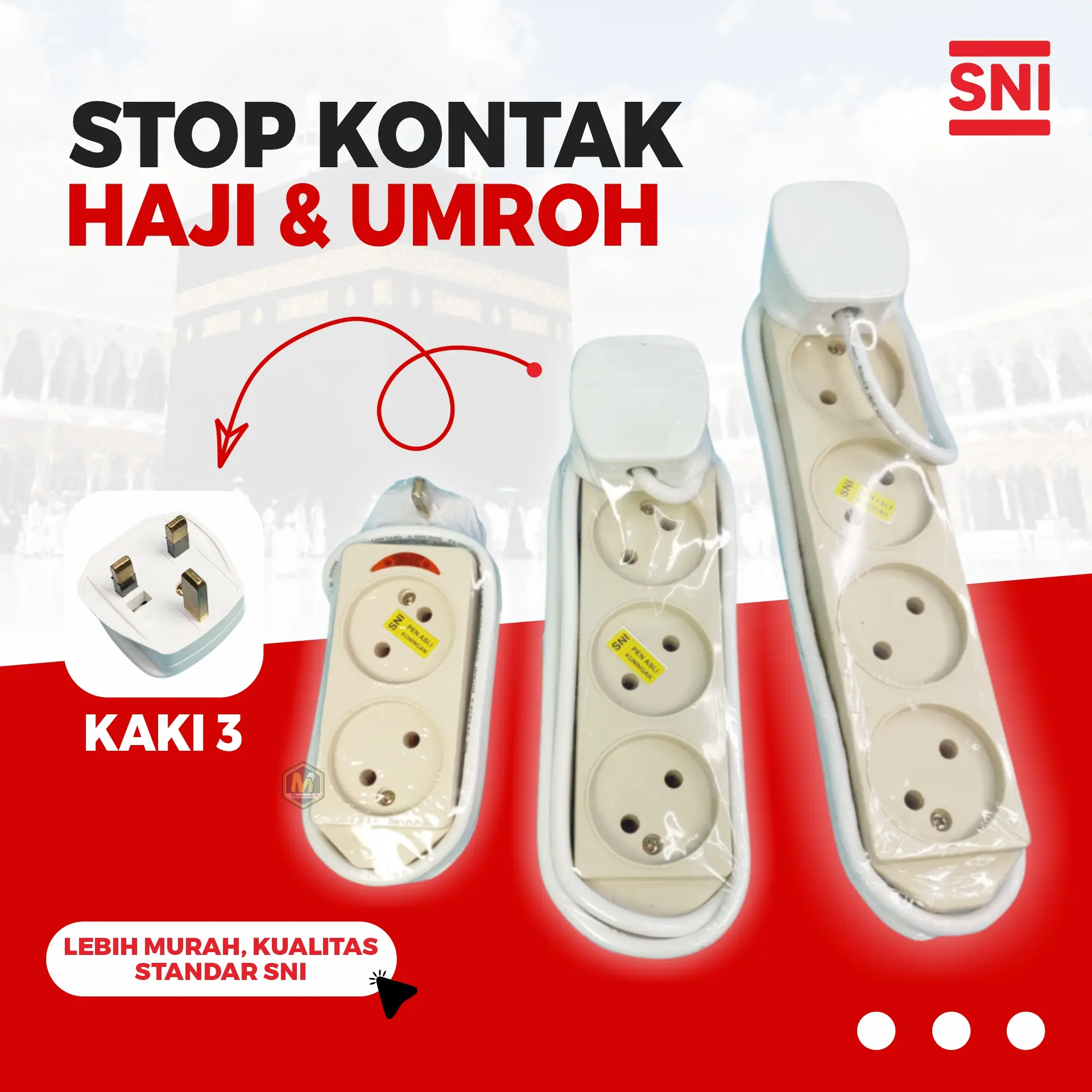 Stop Kontak Arab Kaki 3 2/3/4 Lubang Adaptor Travel Universal Perlengkapan Haji Umroh Kabel Tembaga Standar SNI - MUMTAZINDO