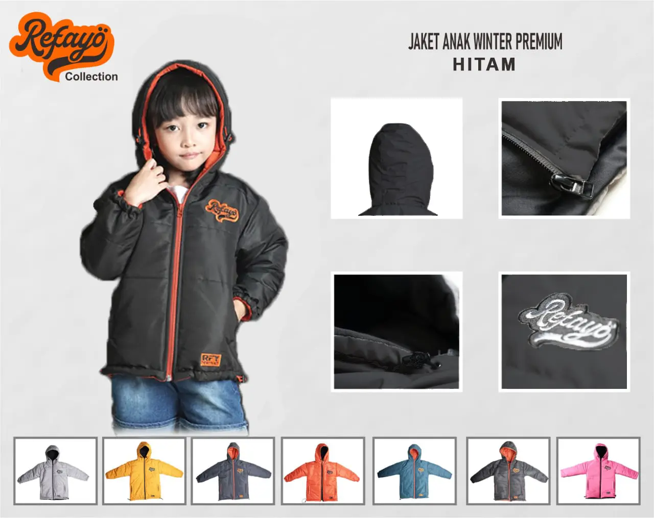 Jaket Winter Anak REFAYO Pria Wanita Outdoor Waterproof Windproof Hitam Bordir Hoodie
