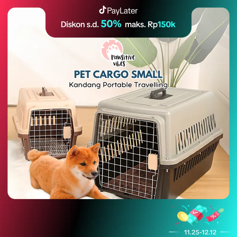 Pawsitive Vibes Kandang Kucing dan anjing ukuran kecil Pet Cargo untuk Traveling dengan Kunci Pintu Kuat 0