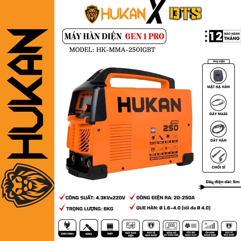 Máy hàn điện tử HUKAN HK-MMA-250IGBT, công suất 4.3KV x 220V, que hàn Ø 1.6–4.0, có chế độ chống giật. Tặng phụ kiện đầy đủ