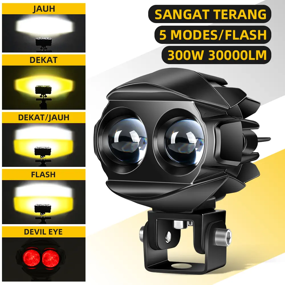 Lampu Sorot LED Motor 300W Super Terang, 5 Mode Cahaya (Putih/Kuning/Mata Setan), 30000LM, Tahan Air IP68, Voltage 9-85V Universal