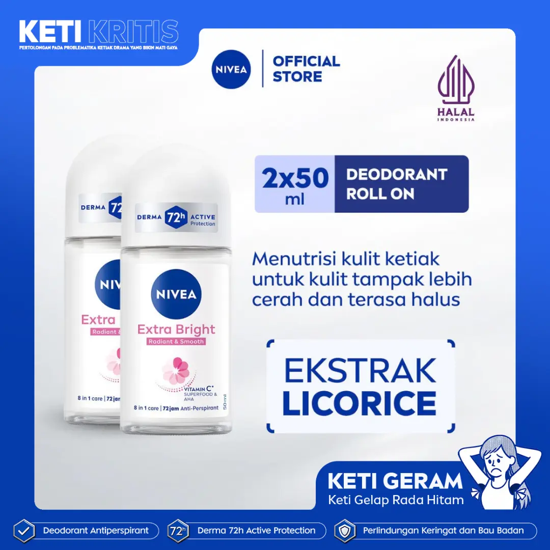 (PAKET HEMAT ISI 2) NIVEA Deodorant Antiperspirant Roll On Extra Bright Radiant & Smooth 50ml - Deodoran wanita mencerahkan ketiak brightening glowing wangi segar seharian anti bau badan keringat - Vit C, Ekstrak Licorice, 0% alkohol cocok semua kulit