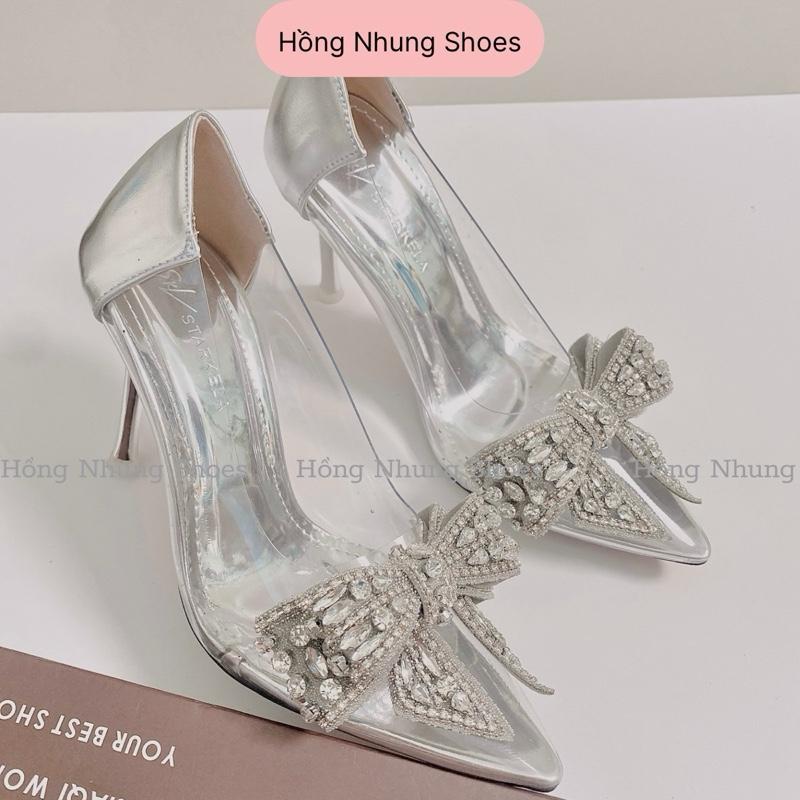  Giày cao gót quai mica trong suốt kín gót đính nơ đá cao cấp đế đỏ l1 9phân 