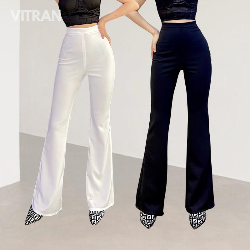 VITRAN BOUTIQUE Quần Ống Loe Lưng Cao Nữ Chất Thun UMi Dày Co Giãn nhẹ Dài 108cm Chất Liệu Mềm Mại Basic Minimal Dây Kéo Sau
