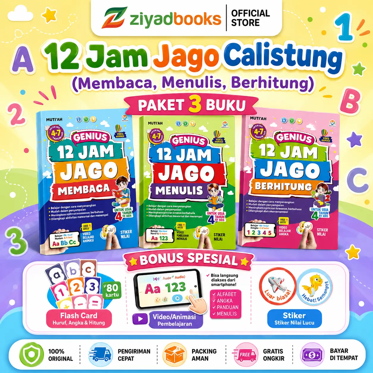 (Isi 3 Buku) Paket 12 Jam Jago Calistung Membaca Menulis Berhitung + Bonus Kartu, Video & Stiker Untuk TK SD Usia 3-7 Tahun