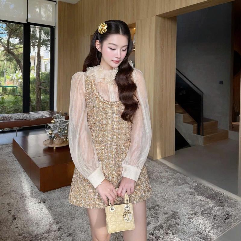 DAILY01 Set áo sơ mi tơ mix váy dạ babydoll tiểu thư sang chảnh mặc đi chơi đi tiệc. Thời trang nữ.