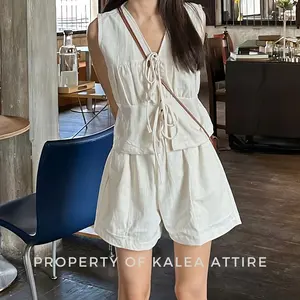 Evelyn set by Kalea Attire | setelan wanita linen | setelan wanita pantai | setelan vest tali dan celana pendek short pants | vest tali rompi | baju pantai wanita | baju set wanita | setelan tank top wanita baju kurang bahan cewek Linen setelan bangkok