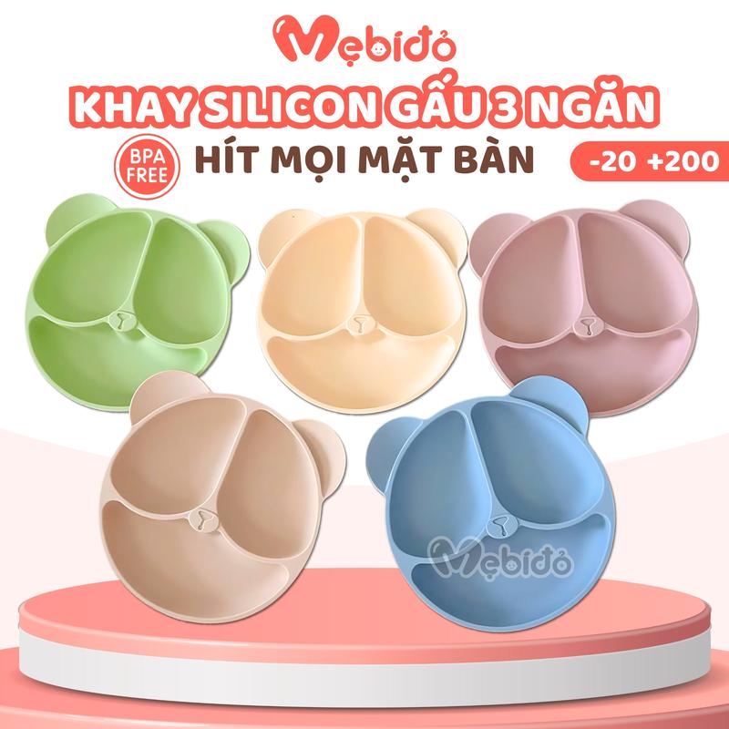 Khay Ăn Dặm Silicon Có Đế Hít Chống Đổ Hình Gấu 3 Ngăn Cho Bé - Shop Mẹ Bí Đỏ