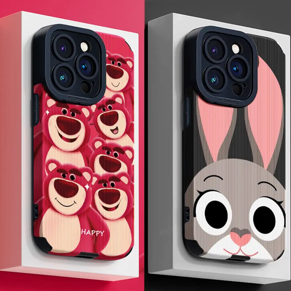 Cute Rabbit Bear Leather Phone Case for iPhone 11 13 12 14 15 Pro Max Plus X XR 15Pro XS MAX 7 8 Plus SE 2020 15Pro 14Pro 11Pro Case Liquid Silicone Luxury Cartoon Camera Protector Soft Shockproof Cover