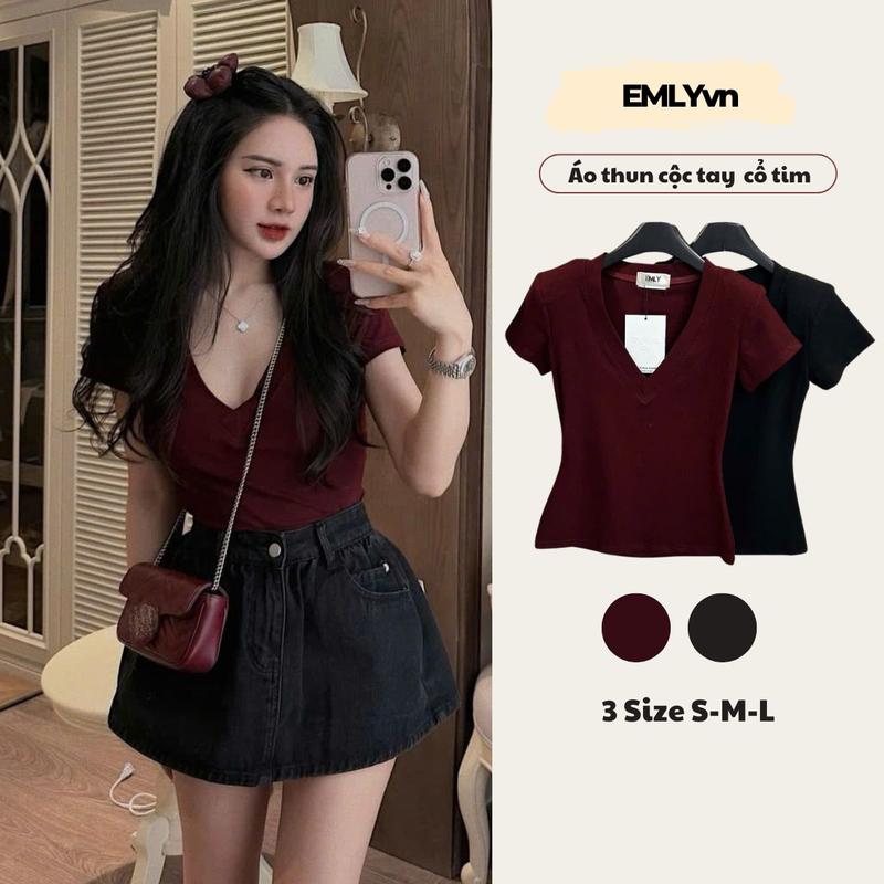 EMLYvn - (CÓ ĐỆM VAI ) Áo Thun Cotton Zip Áo Cộc Tay Nữ, Áo Phông Cổ Tim Nữ Ôm Body 3 Màu