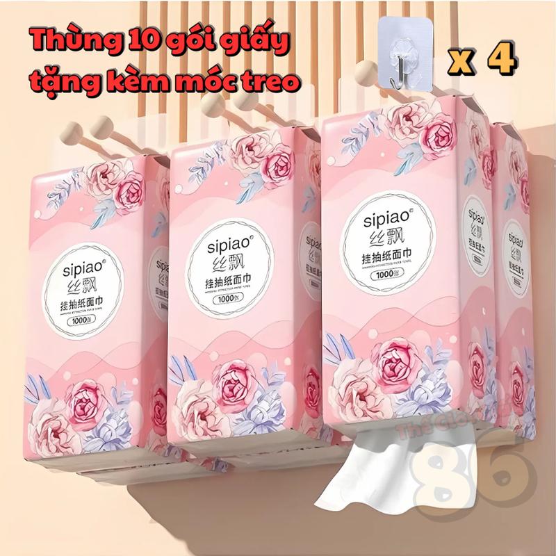 Thùng 10 Gói Giấy Ăn Treo Tường Đa Năng SIPIAO Hoa Hồng, Chất Giấy 4 Lớp Siêu Dai Và Mềm Mại, Mỗi Gói 1000 Tờ toilet paper