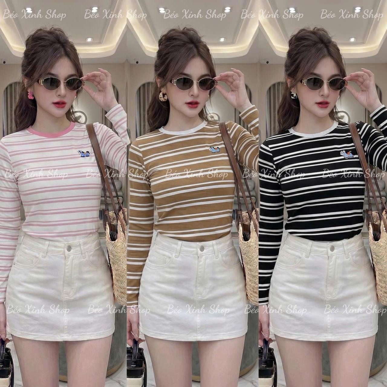 Áo Thun Nữ Tay Dài Thêu Ngựa Basic Vải Thun Cotton Sọc Đôi Cao Cấp Thanh Lịch Bigsize 45–90kg Dễ Thương Nữ Women Top Nhung - B.1814