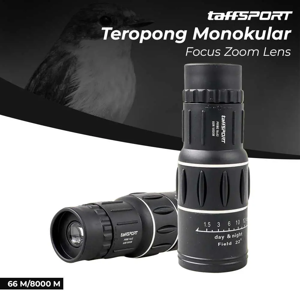 TAFFSPORT Prime Teropong Monokular 16x52 Focus Zoom Lens 66M/8000M Telescope Portable Alat Lihat Jarak Jauh Jernih Untuk Camping Berburu Hiking Nonton Konser Pertandingan Olahraga Pengamat Burung Alam Liar Material Kokoh Praktis Lensa Berlapis Anti Buram