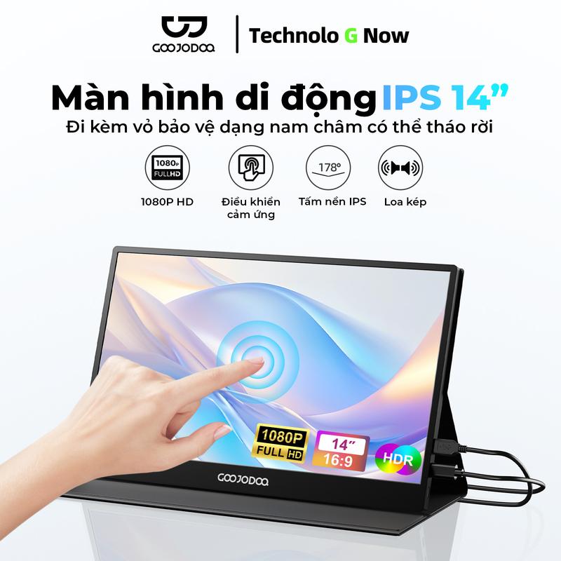 Màn hình di động IPS 14”, Đi kèm vỏ bảo vệ dạng nam châm có thể tháo rời, 1080P HD, Điều khiển cảm ứng, Tấm nền IPS, Loa kép