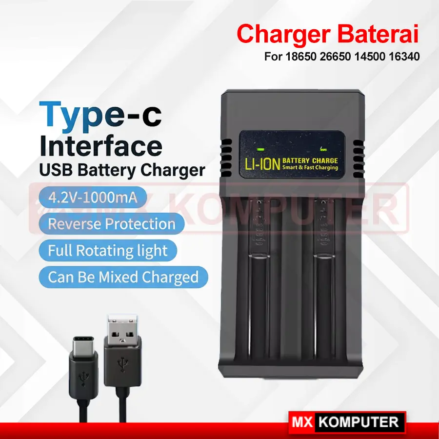 Charger Baterai 18650 26650 14500 16340 4.2V 18W with LED 2 Cell