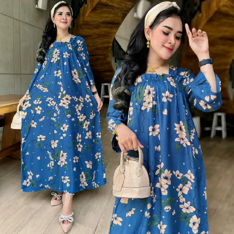 Longdres fuji daster panjang motif bunga cantik kekinian Tebal Rayon Karet Wanita 1