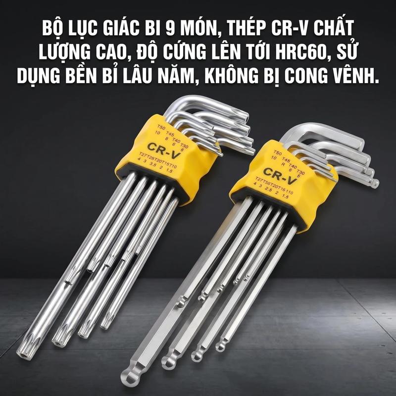 Bộ lục giác Yeti đầu bi, đầu bông loại dài 9 món thép Chrome Vanadium vặn sửa…