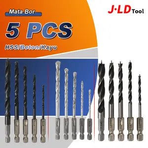JLD Mata Bor Power Drill Bit Hex 1/4 Shank HSS/Beton/Kayu 5PCS Set Ukuran 3-8mm untuk Logam Beton & Kayu