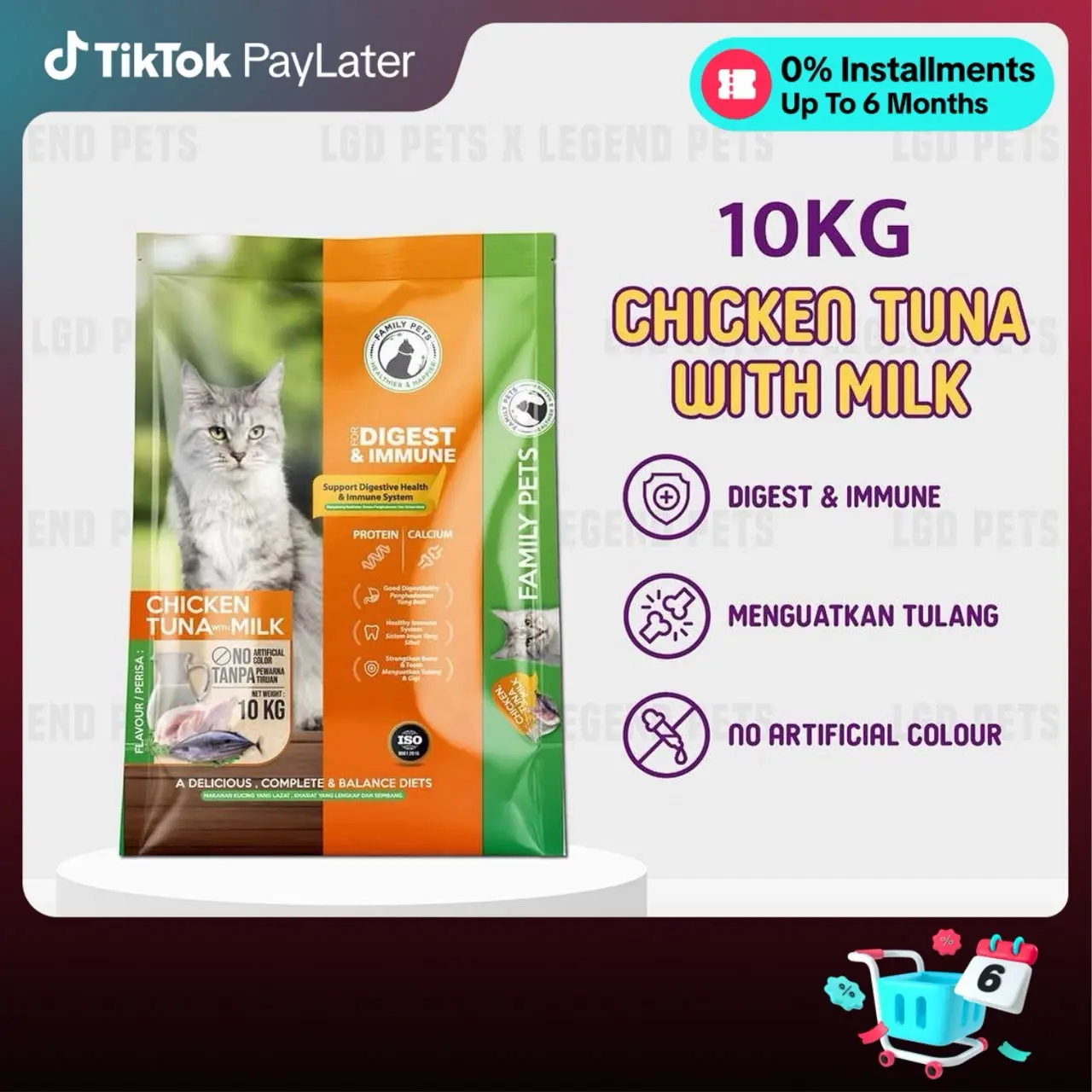 Family Pets Makanan Kucing 10KG Protein 28% Chicken Tuna With Milk Kibble Kucing [For Digest & Immune  ]