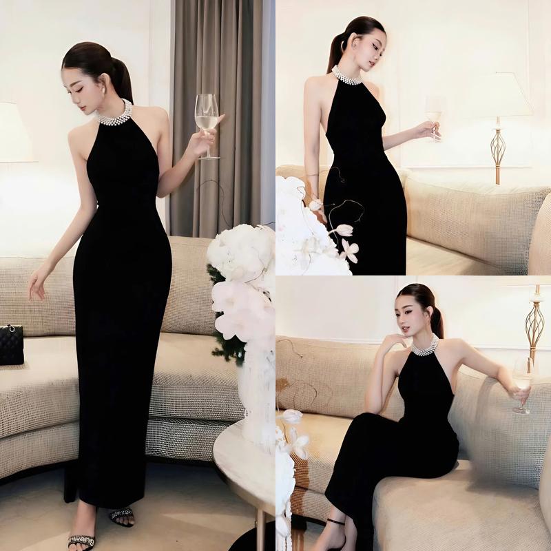 Váy K80 body cổ yếm khâu ngọc dáng dài - Váy nữ xinh sang chảnh