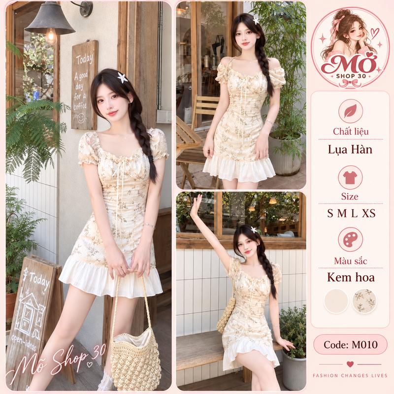 Váy Trễ Vai - Váy Cổ Vuông Tay Bồng Tiểu Thư Họa Tiết In Hoa Phối Bèo Vải Lụa Hàn May 2 Lớp Có Sẵn Mút