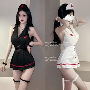 NIGHT ALLURE Seragam Perawat Cosplay Lingerie Dress Wanita Hitam & Putih Polyester Elastis Ukuran Allsize Cocok BB 40-65Kg Sexy Lingerie Wanita