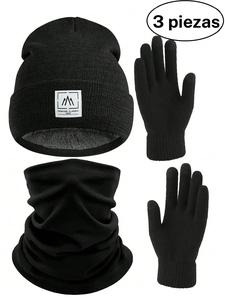 Set de 3 piezas para otoño invierno, gorro tejido y guantes de vellón cálido a prueba de viento, unisex con patrón liso, accesorios de moda para otoño e invierno
