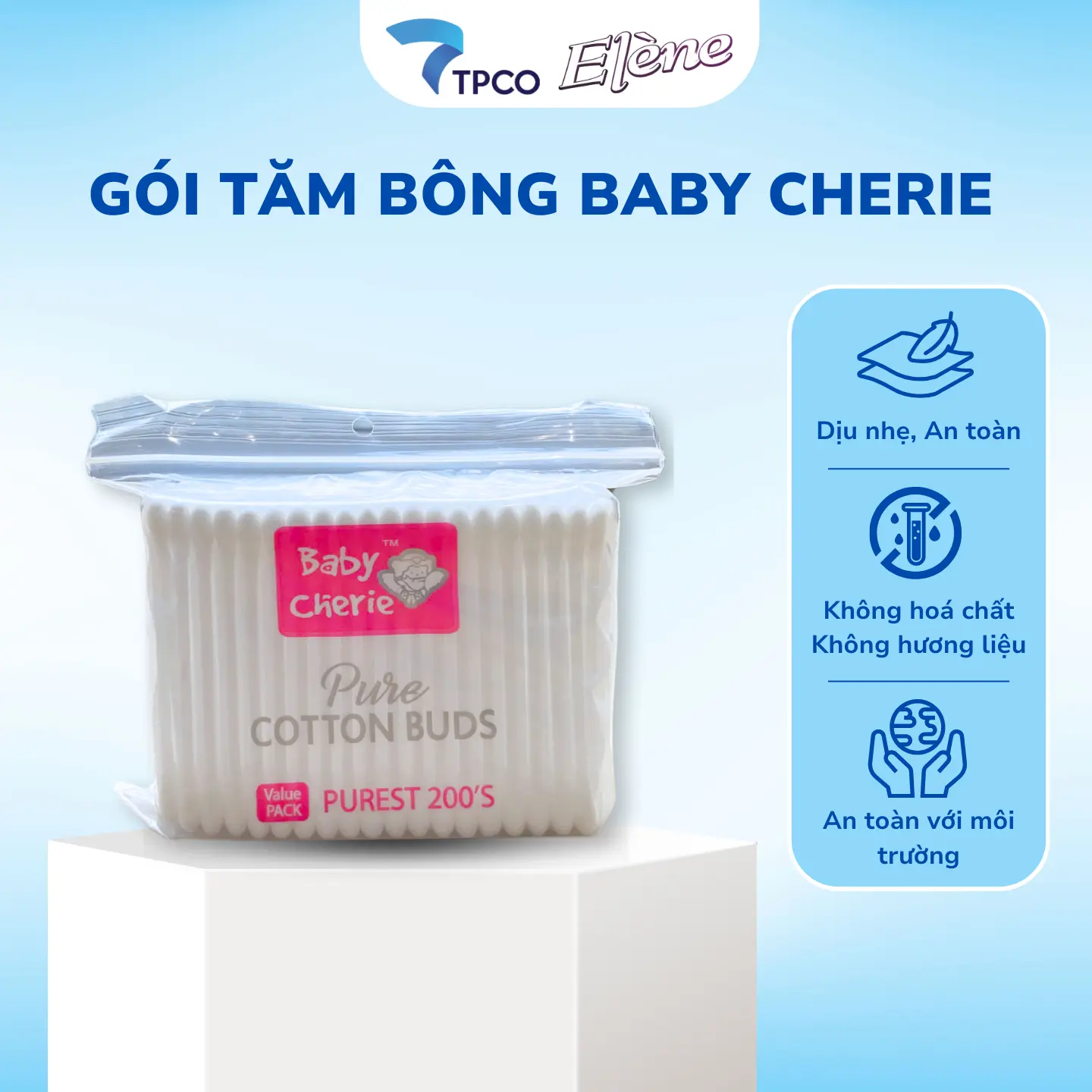 Tăm Bông Elene Baby Cherie Pure Gói 200 Cái Kháng Khuẩn, An Toàn