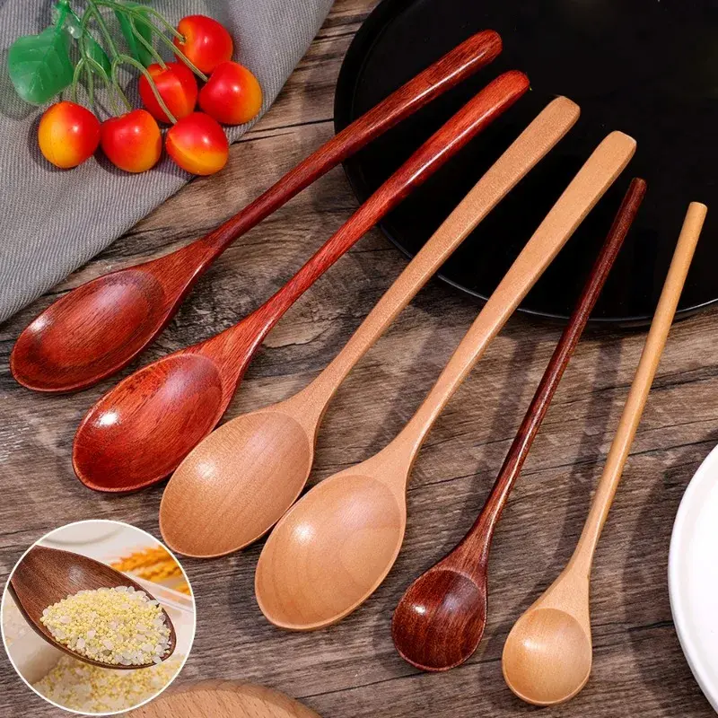 10/1Pcs Wooden Tea Spoon Cooking Stirring Soup Scoop Long Hand Ellipse Kitchen Tableware Set Teaspoons