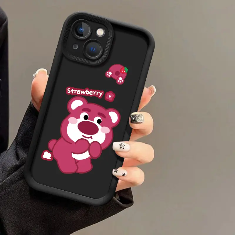 Vỏ silicon cho iPhone 15, 14Pro, 13, 12Promax, XR, XS , XsMax, 11Pro, 7plus, 8plus, 13pro, 15Pro, 14Pro, 14Pro, 14Plus, 7, phim hoạt hình màu hồng, gấu dâu tây dễ thương, bao gồm tất cả Slam 7