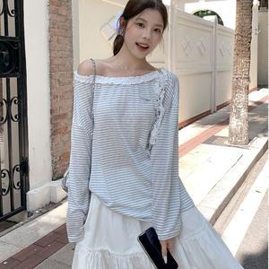 Korean style, super pretty off-the-shoulder top, one-shoulder, ruffled trim T-shirt, striped long-sleeved T-shirt for women, early autumn loose-fitting base layer top, beautiful clothes 3613 Womenswear Casual Fitted Longsleeve