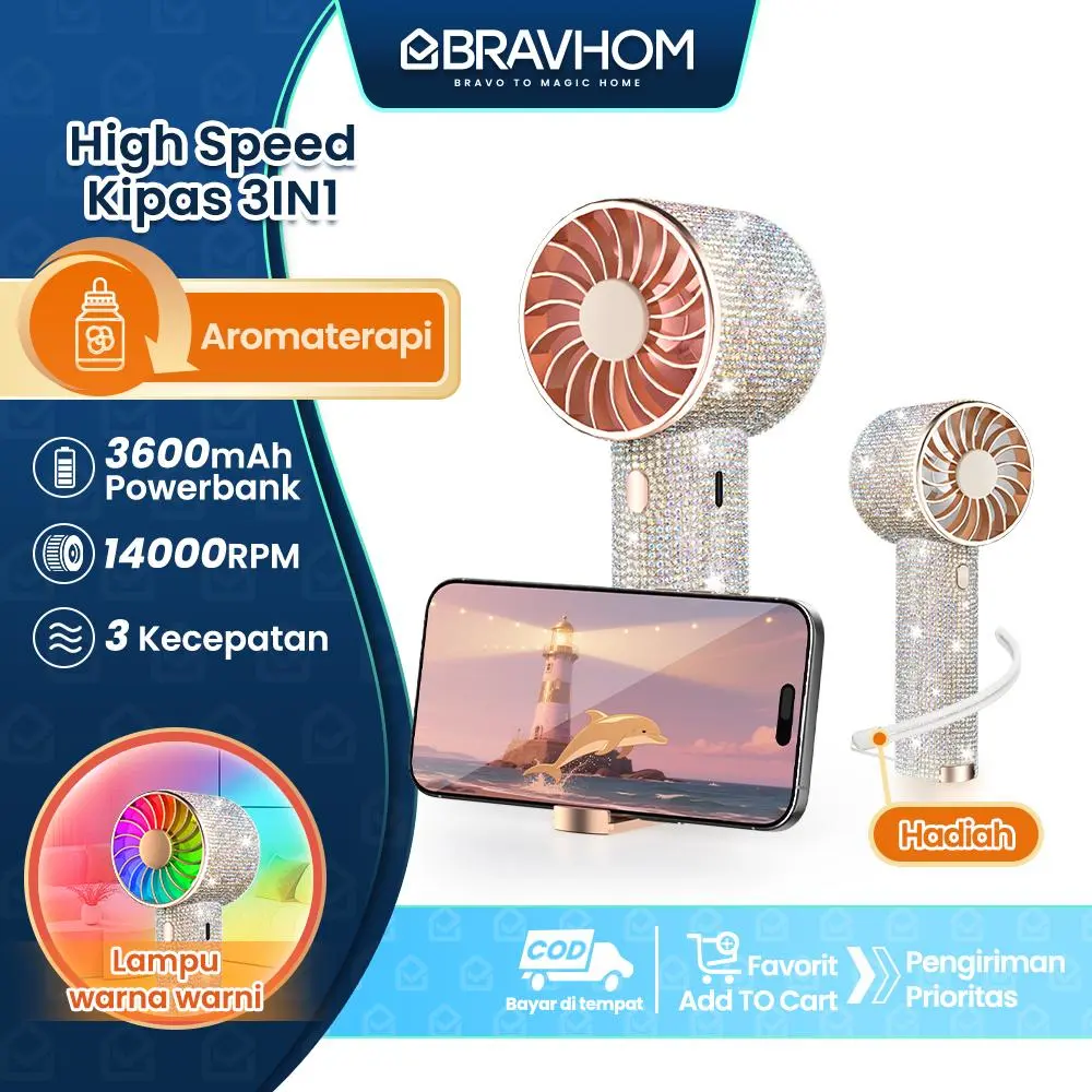 (COD)Bravhom Kipas Angin Mini Portable 3IN1 Aromaterapi 3 Kecepatan Lampu Warna Warni Phone Holder FN16 Ponsel Diamond sticker handheld fan