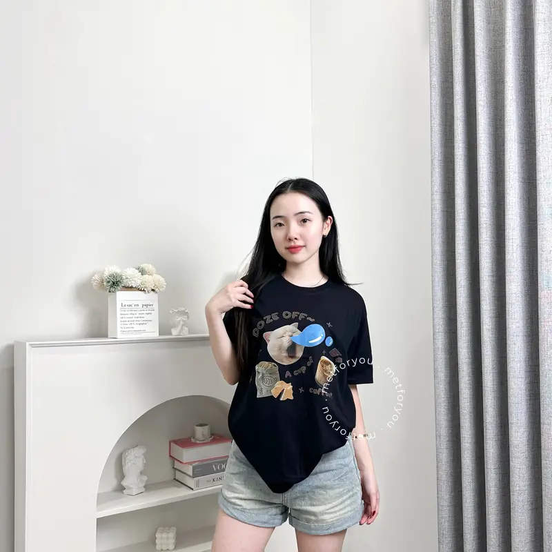 METFORYOU Kaos Wanita Oversize Katun - Doze Off Coffee Cat 5