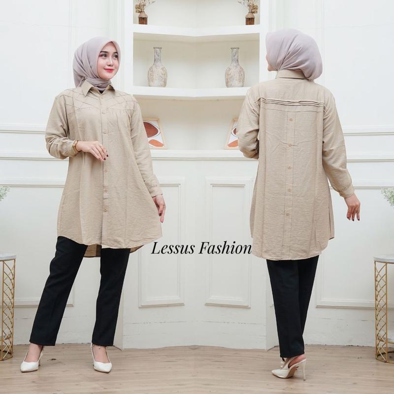 Lissa Tunik Opnaisel Polos polo linen kancing depan belakang|| kemeja wanita polos tunik pololinen|| pakaian muslim wanita atasan kekinian 8