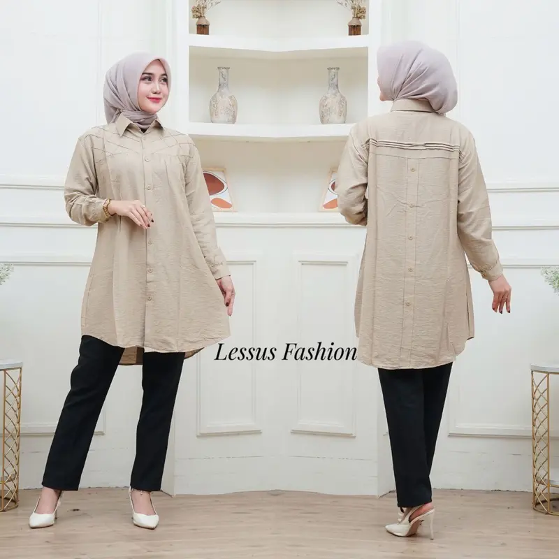 Lissa Tunik Opnaisel Polos polo linen kancing depan belakang|| kemeja wanita polos tunik pololinen|| pakaian muslim wanita atasan kekinian 8
