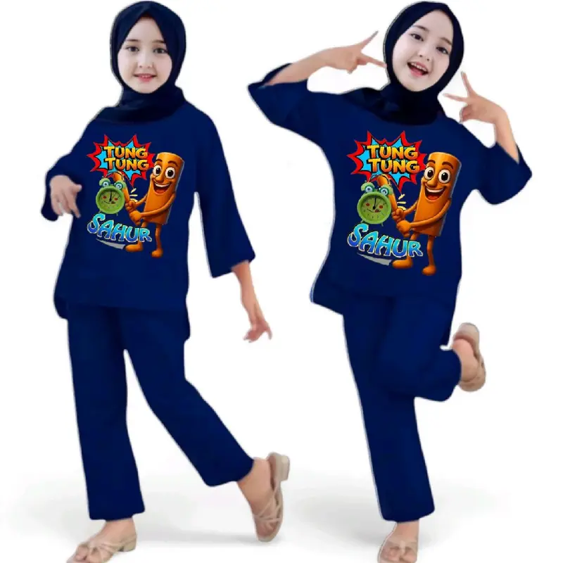 Stelan anak perempuan panjang stelan viral stelan anak sampai remaja motif viral animasi anomali tung-tung sahur  Usia 2-14 thn Denim Pink Ungu 6