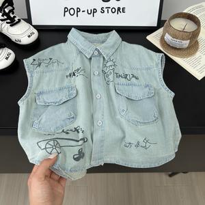 SCBEBE おしゃれなキッズデニムベスト - 二重ポケット＆楽しいグラフィティ、クールなデイリーウェア