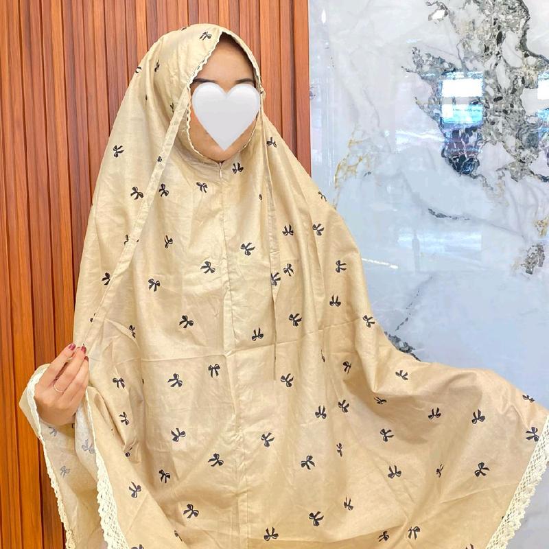 Mukena Rayon Motif Ribbon Pita Hitam - Katun Dewasa - Cantik, Panjang, Wanita, Travel, Renda, Muslim, Mukenah, Bali 1