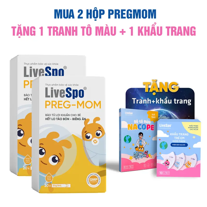 [Tặng 1 tranh +1 khẩu trang] Combo 2 hộp Men vi sinh cho Trẻ LiveSpo PREGMOM - 60 tỷ bào tử lợi khuẩn hỗ trợ giảm táo bón rối loạn tiêu hóa, Chậm Tăng Cân Cho Bé  (Hộp 20 ống)  Hoặc Tặng { 2 tranh, 2 khẩu trang} 1