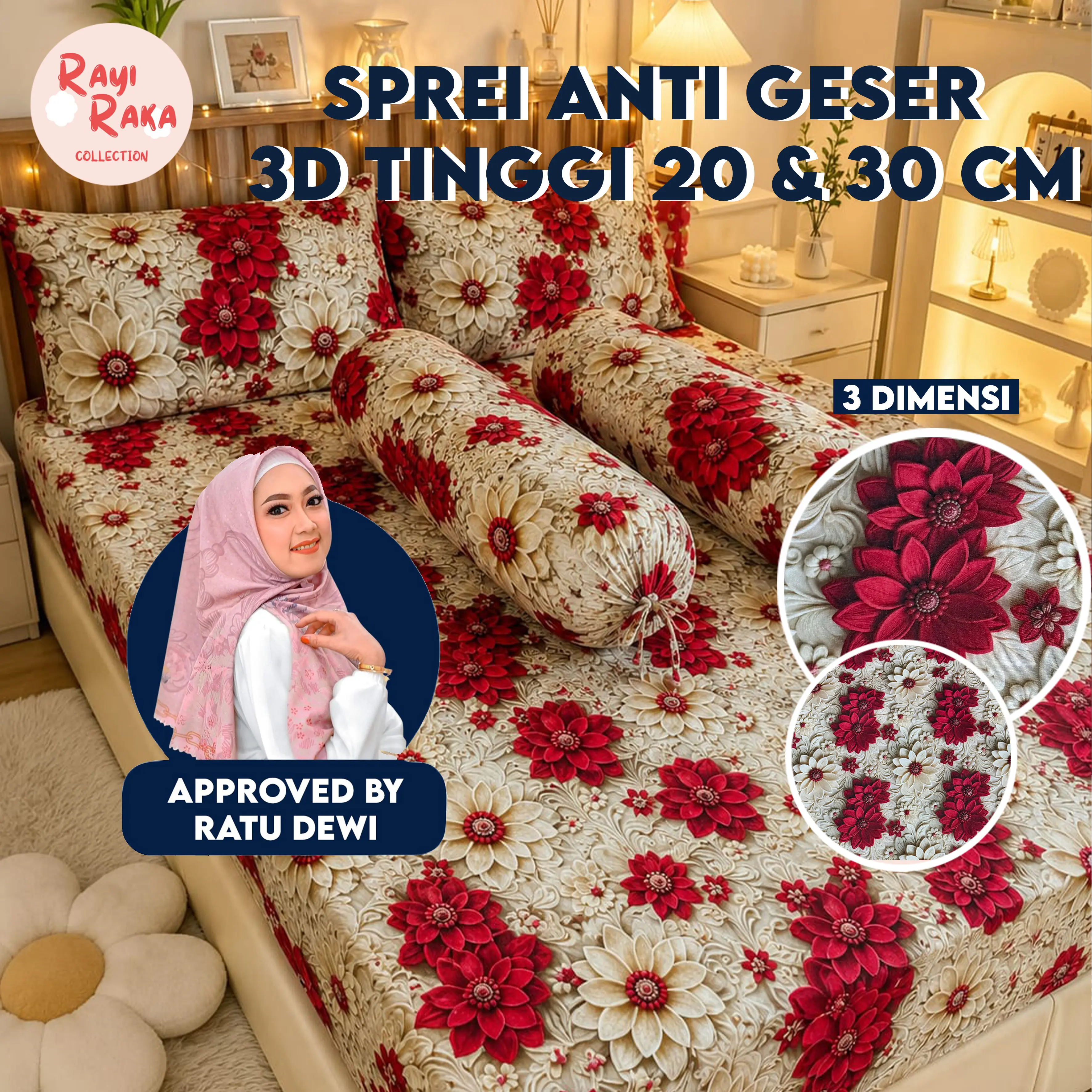 RAYIRAKA x RATU DEWI Sprei Anti Geser Tinggi 30 CM Katun Halus Double Karet Jumbo Aesthetic Sarung Bantal Guling Homemade Tanpa Bedcover