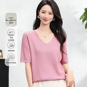 MuMeng [100% Mulberry Silk] Quick Dry Knitted T-Shirt Slim Fit V-Neck Shirts for Women Top Anti-Wrinkle Delicate Breathable5570