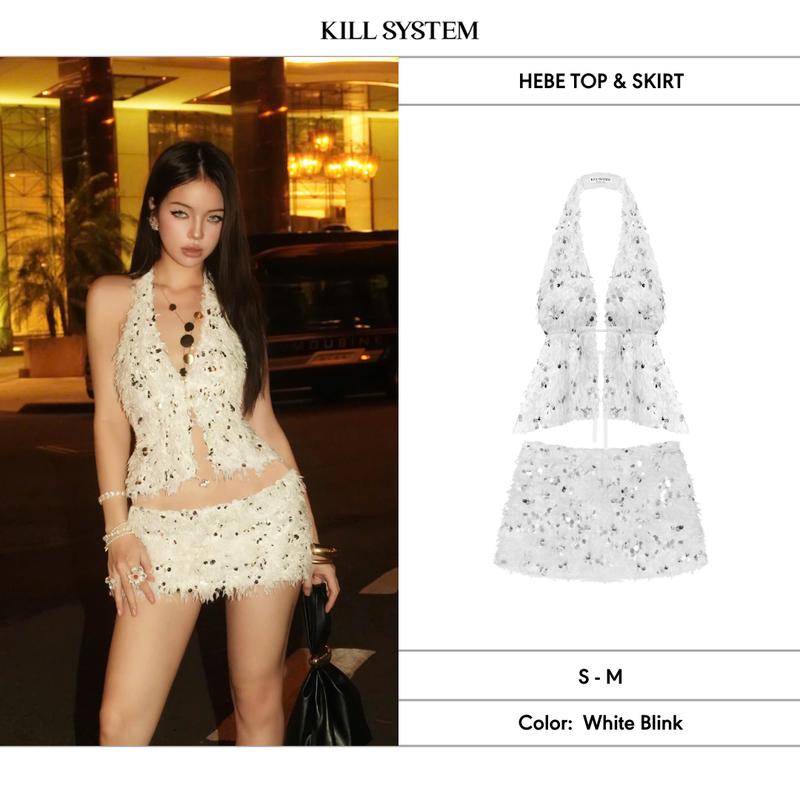   ĐƯỢC TÁCH LẺ  Set áo yếm hở lưng cột dây + váy lông vũ đính kim sa HEBE - KILLSYSTEM 