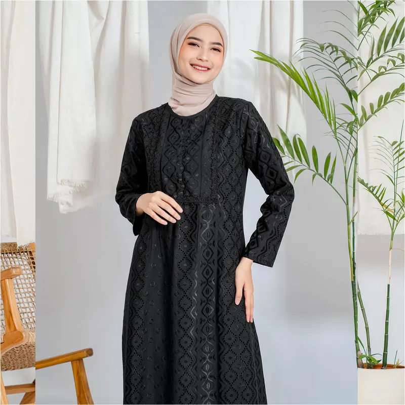 Gamis Elmira Katun Silk Renda Full 723 - Gamis Katun Hitam Muslim untuk Haji Ihrom - Perlengkapan Haji by ARIVA 7